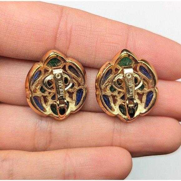 Crown Trifari Modern Mosaics Green Blue Gold Tone Clip On Earrings 1960s - Picture 4 of 8
